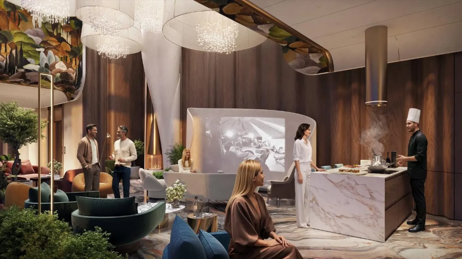 Clubhouse — лаундж с камином, открытой кухней и гостями дома