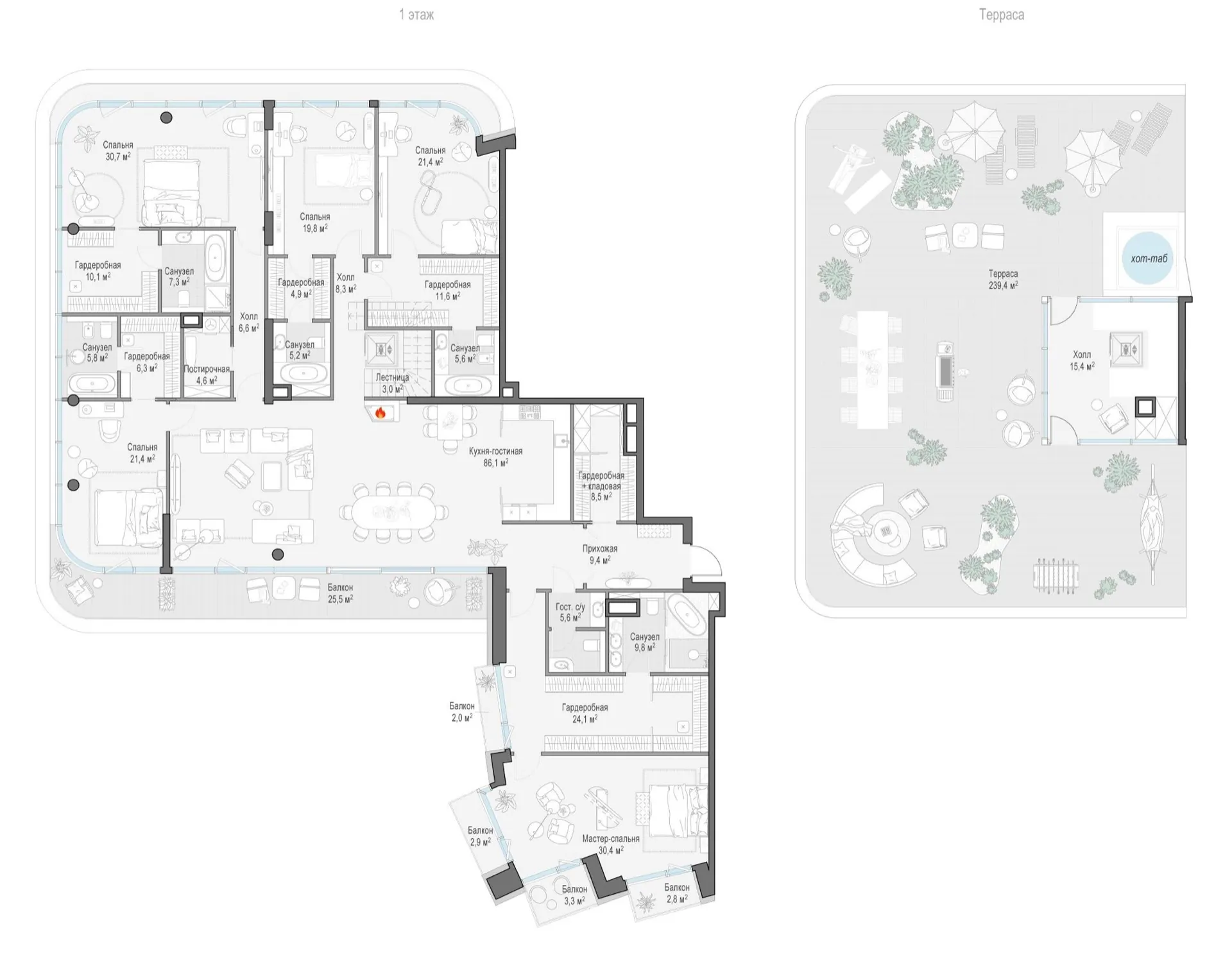 Планировка пентхауса дома «Палашёвский 11» с террасой 239 м²