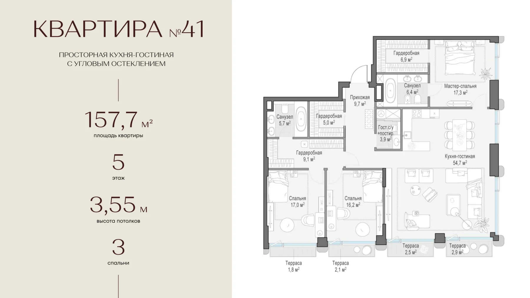 Планировка: Квартира №41, 157,7 м², 5 этаж
